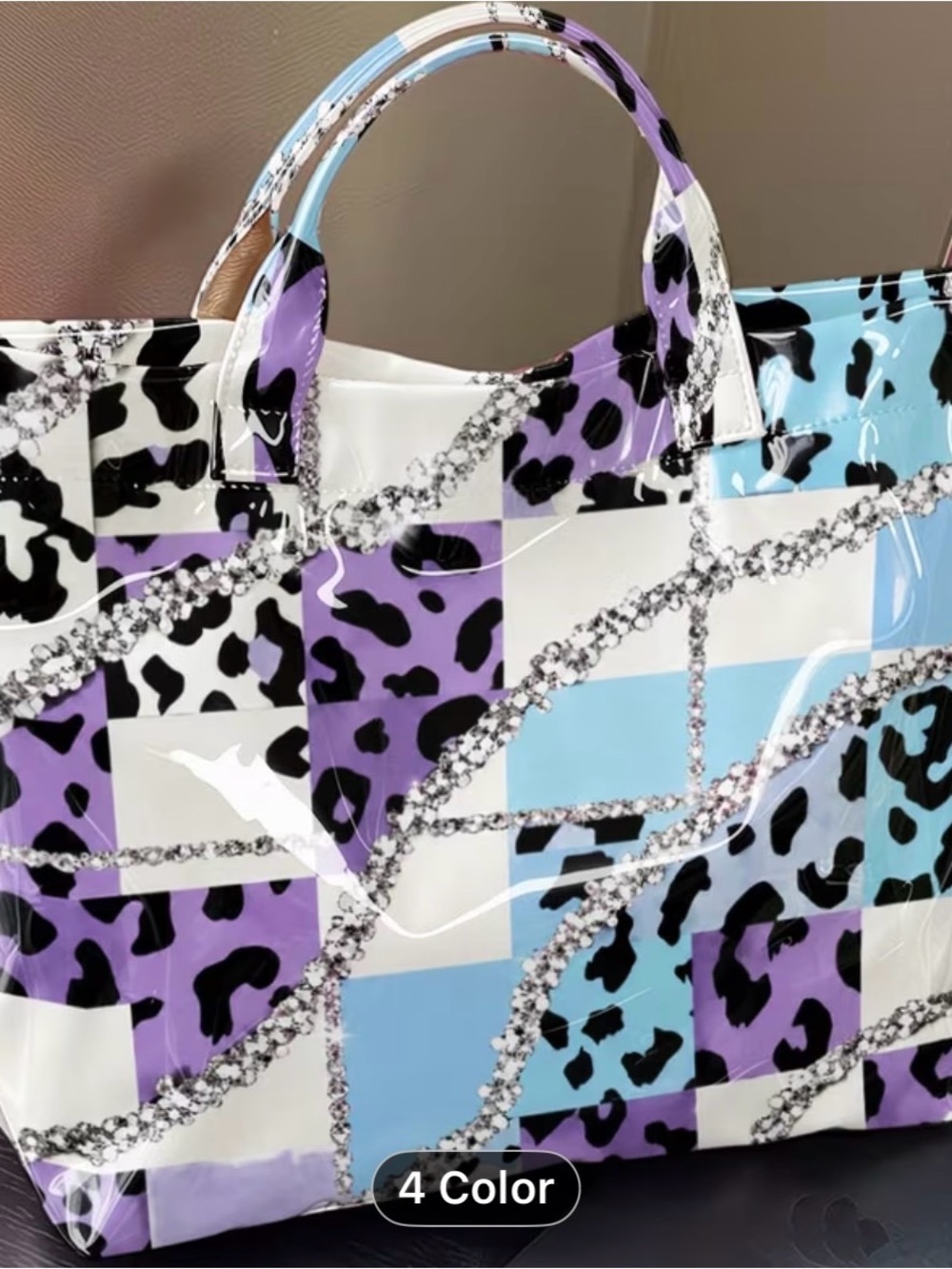 Patent Checkerboard Tote Bag in Purple, Blue, White & Black